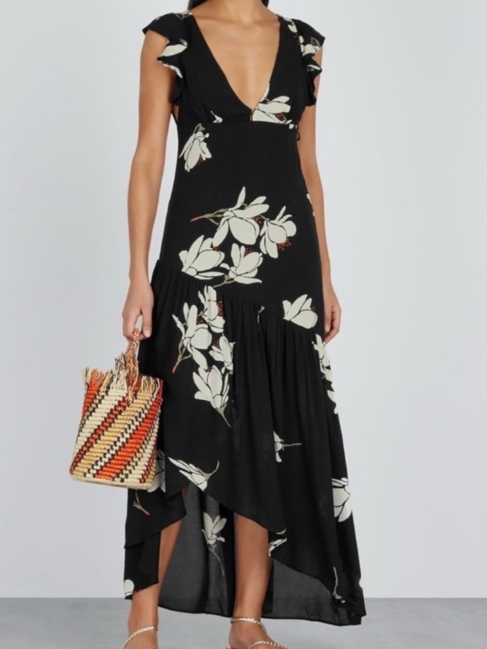 Free People Black Maxi Dress with Ivory Floral Print